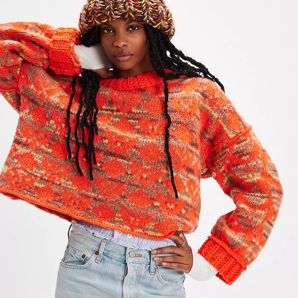 Free People Wool Blend Orange Heart Argyle Chunky Colorful Oversized Sweater M - Picture 1 of 7